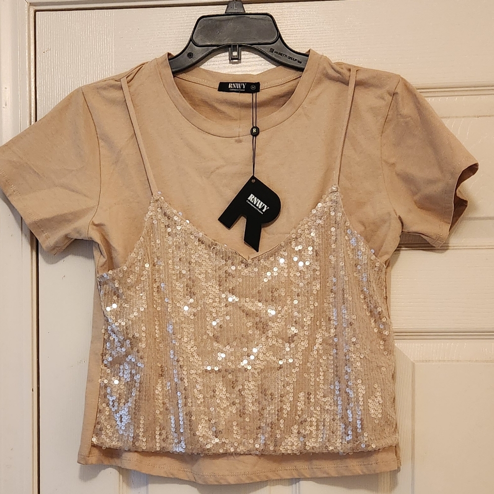 RNWY Contemporary Tan Sequin Top